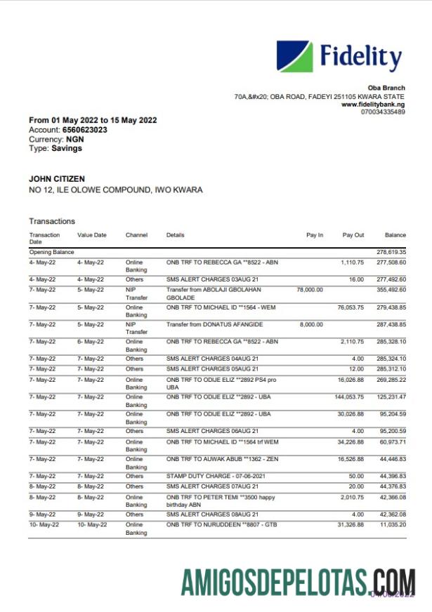 Exemplo de extrato bancário da Nigéria Fidelity